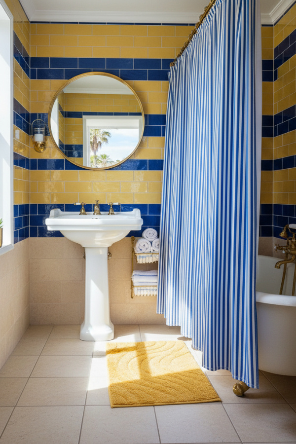 Butter Yellow And Denim Blue Tile Backsplash In A Bright Coastal Bathroom Butter Yellow And Denim Blue Tile Backsplash In A Bright Coastal Bathroom