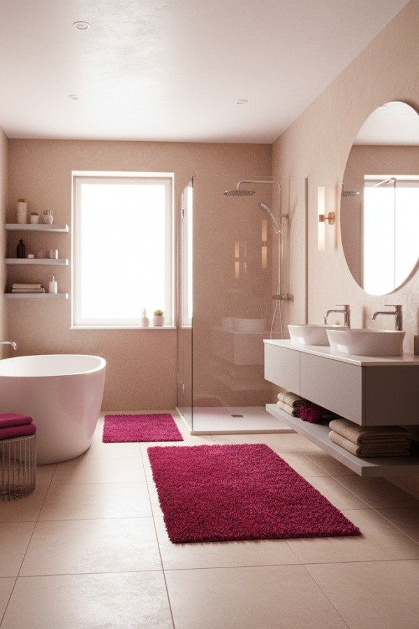 Magenta And Soft Gray Floating Shelves In A Sunlit Contemporary Bathroom Magenta And Soft Gray Floating Shelves In A Sunlit Contemporary Bathroom