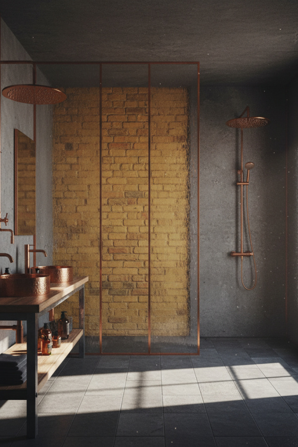 Charcoal Walls And A Copper Rainfall Showerhead In An Industrial Bathroom Charcoal Walls And A Copper Rainfall Showerhead In An Industrial Bathroom