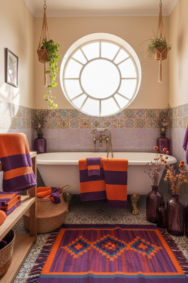 Tangerine And Violet Purple Towel Display In A Vibrant Bohemian Bathroom Tangerine And Violet Purple Towel Display In A Vibrant Bohemian Bathroom