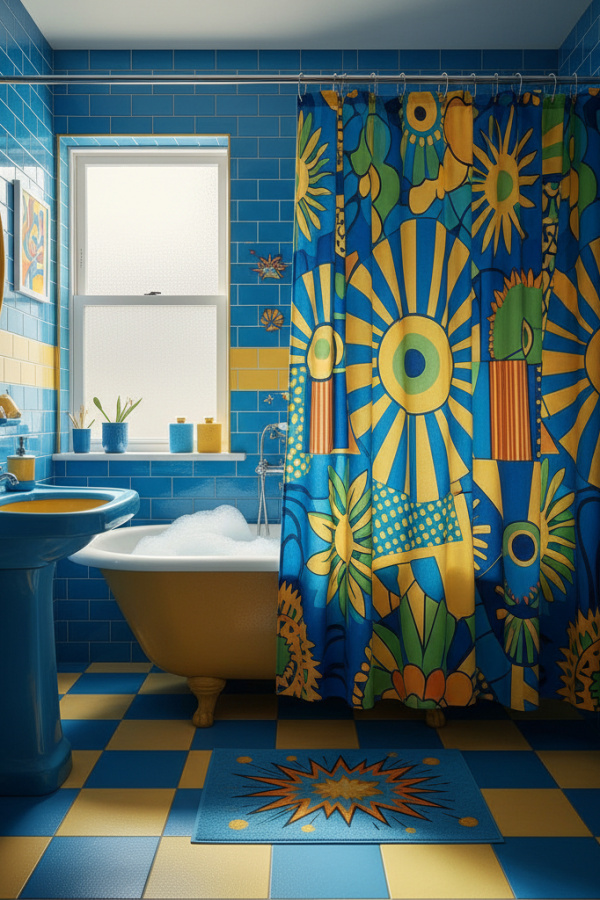 Electric Blue And Mustard Yellow Shower Curtain In A Sunlit Pop Art Bathroom Electric Blue And Mustard Yellow Shower Curtain In A Sunlit Pop Art Bathroom