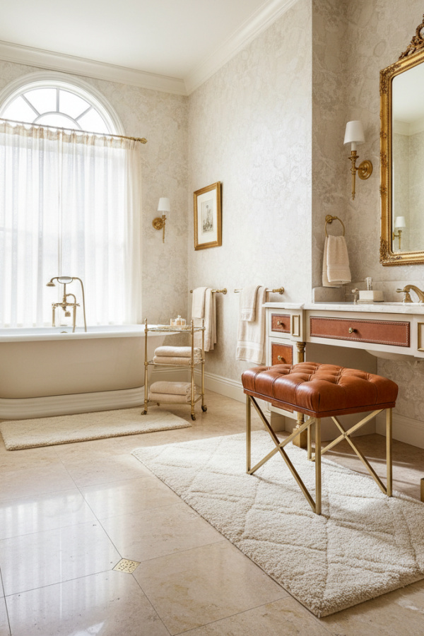 Ivory Walls And A Cognac Brown Leather Vanity Stool In An Elegant Bathroom Ivory Walls And A Cognac Brown Leather Vanity Stool In An Elegant Bathroom