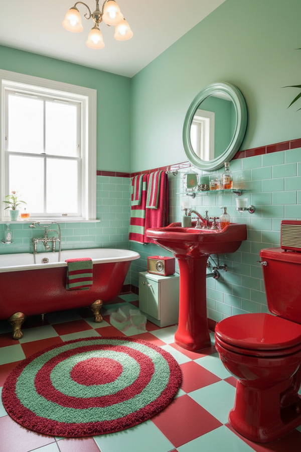 Cherry Red And Mint Green Vintage Fixtures In A Vibrant Retro Bathroom Cherry Red And Mint Green Vintage Fixtures In A Vibrant Retro Bathroom