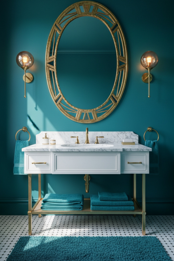 Citrus Orange And Aqua Green Geometric Floor In A Sunlit Retro Bathroom Citrus Orange And Aqua Green Geometric Floor In A Sunlit Retro Bathroom