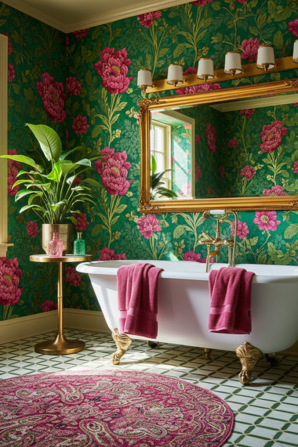 Raspberry Pink And Jade Green Wallpaper In A Vibrant Maximalist Bathroom Raspberry Pink And Jade Green Wallpaper In A Vibrant Maximalist Bathroom