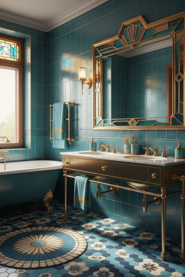 Teal Walls And An Amber Brass Mirror Frame In A Bright Art Deco Bathroom Teal Walls And An Amber Brass Mirror Frame In A Bright Art Deco Bathroom