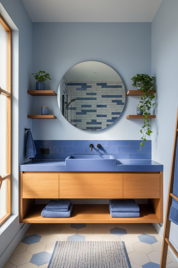 Periwinkle Blue And Honey Wood Vanity In A Sunlit Scandinavian Bathroom Periwinkle Blue And Honey Wood Vanity In A Sunlit Scandinavian Bathroom
