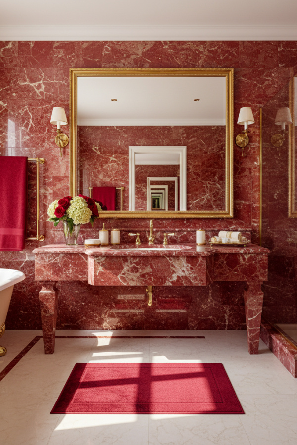 Crimson Red Accents And A Cream Marble Countertop In A Vibrant Bold Bathroom Crimson Red Accents And A Cream Marble Countertop In A Vibrant Bold Bathroom