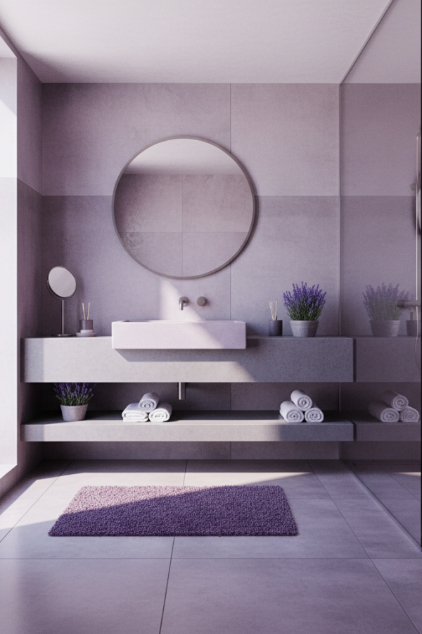 Lilac And Pewter Gray Concrete Sink In A Bright Modern Bathroom Lilac And Pewter Gray Concrete Sink In A Bright Modern Bathroom