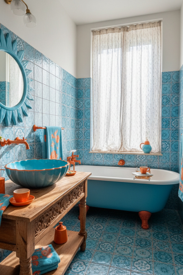 Apricot And Sky Blue Ceramic Accessories In A Sunlit Playful Bathroom Apricot And Sky Blue Ceramic Accessories In A Sunlit Playful Bathroom