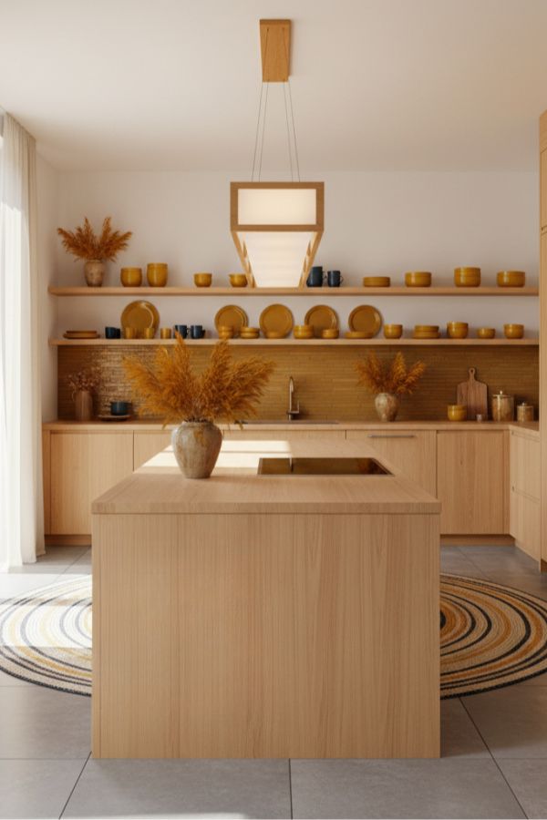 Japandi Kitchen Island, Light Maple Wood, Integrated Appliances, Vibrant Streamlined Kitchen Japandi Kitchen Island, Light Maple Wood, Integrated Appliances, Vibrant Streamlined Kitchen