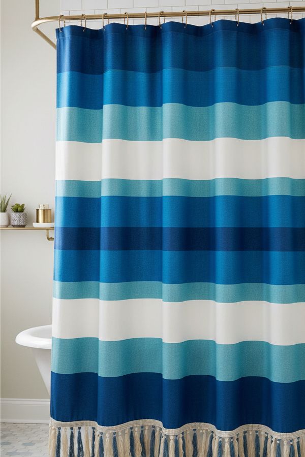 A Fringed Bottom Shower Curtain With Designer Trim